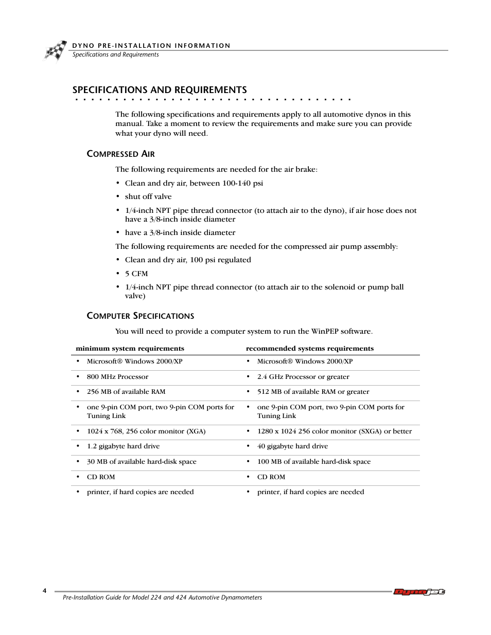 Specifications and requirements, Compressed air, Computer specifications | Dynojet 424xlc2: Pre-Installation Guide User Manual | Page 12 / 63