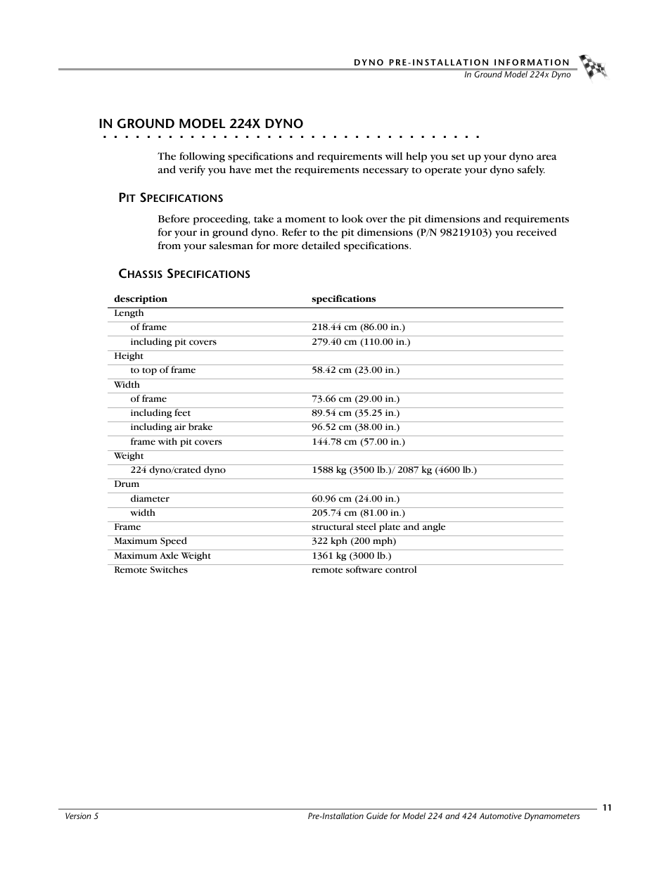 In ground model 224x dyno, Pit specifications, Chassis specifications | Dynojet 424xlc2: Pre-Installation Guide User Manual | Page 19 / 63