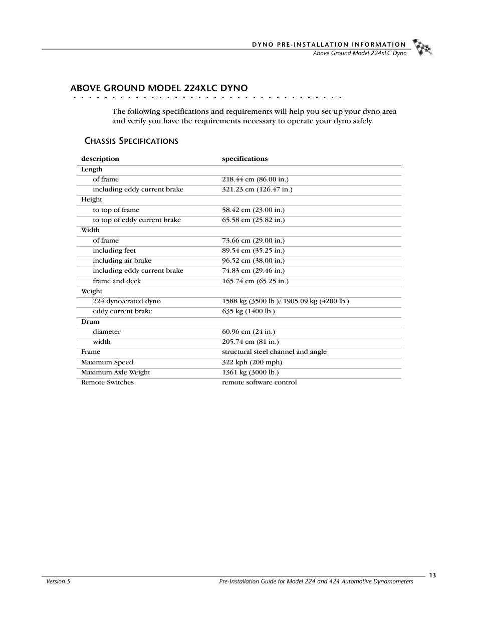 Above ground model 224xlc dyno, Chassis specifications | Dynojet 424xlc2: Pre-Installation Guide User Manual | Page 21 / 63