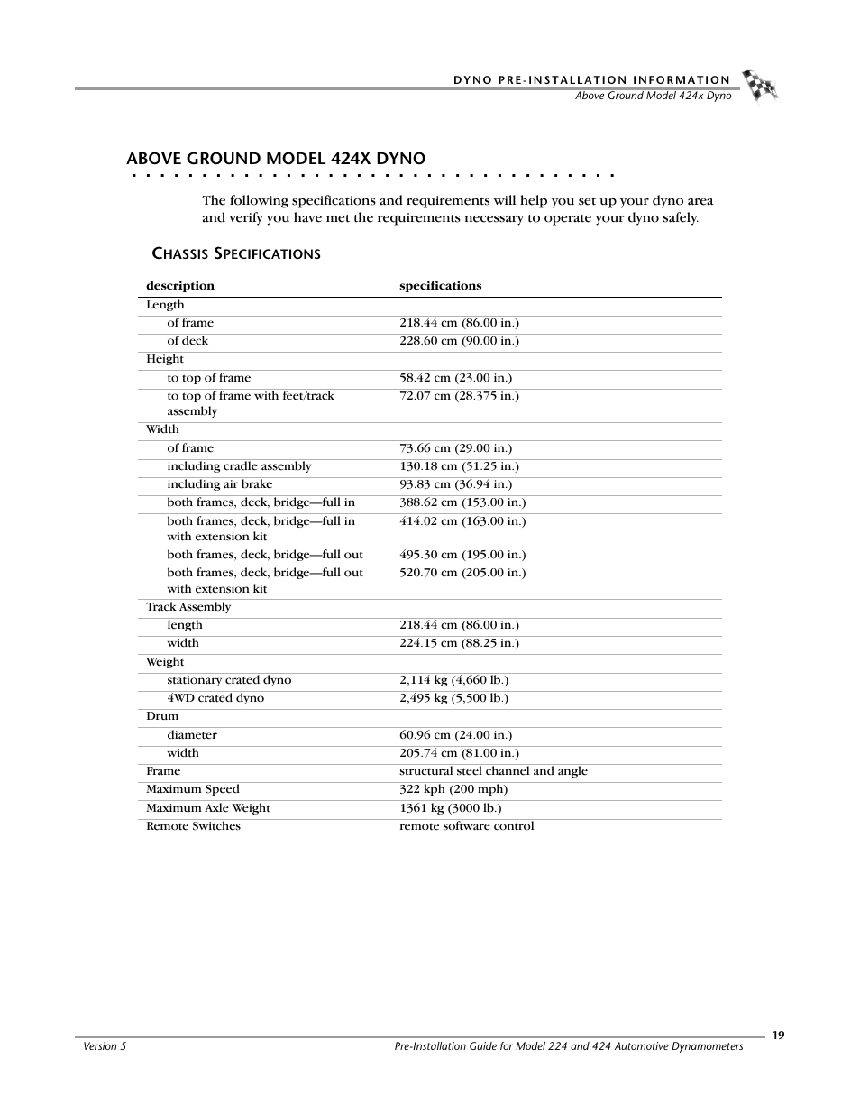 Above ground model 424x dyno, Chassis specifications | Dynojet 424xlc2: Pre-Installation Guide User Manual | Page 27 / 63