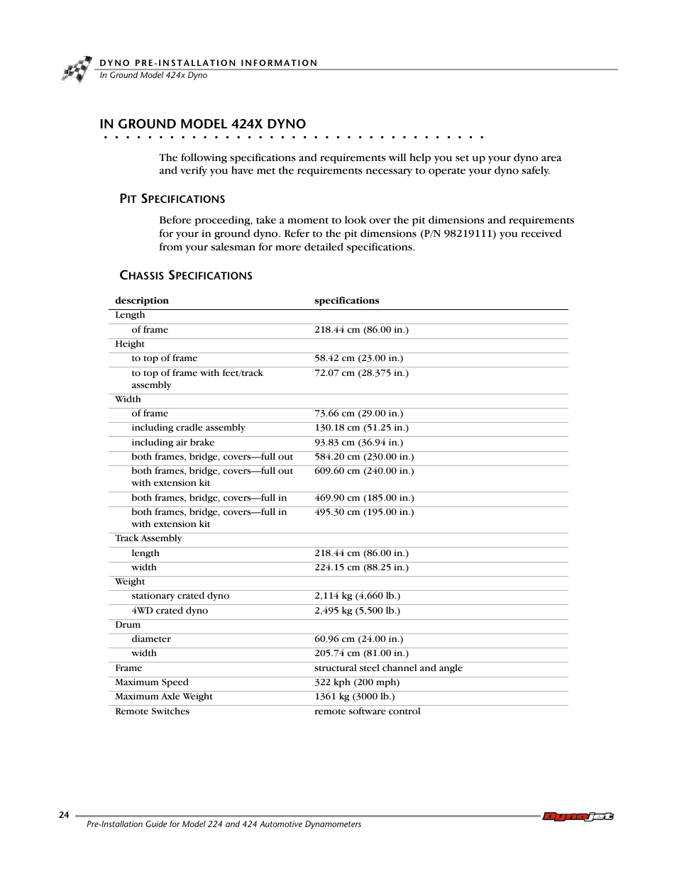 In ground model 424x dyno, Pit specifications, Chassis specifications | Dynojet 424xlc2: Pre-Installation Guide User Manual | Page 32 / 63