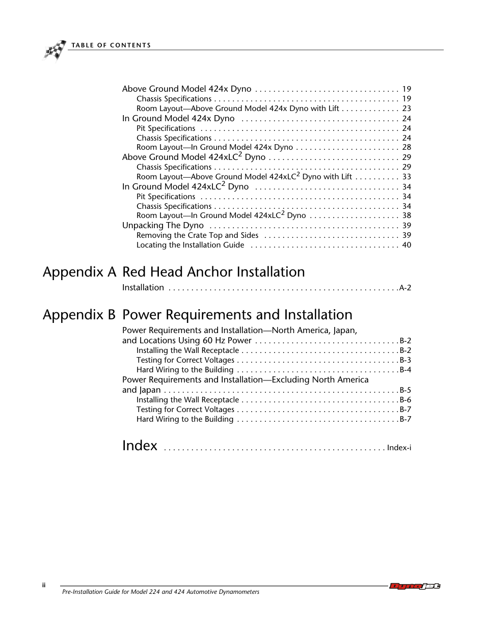 Appendix a red head anchor installation, Appendix b power requirements and installation, Index | Dynojet 424xlc2: Pre-Installation Guide User Manual | Page 4 / 63