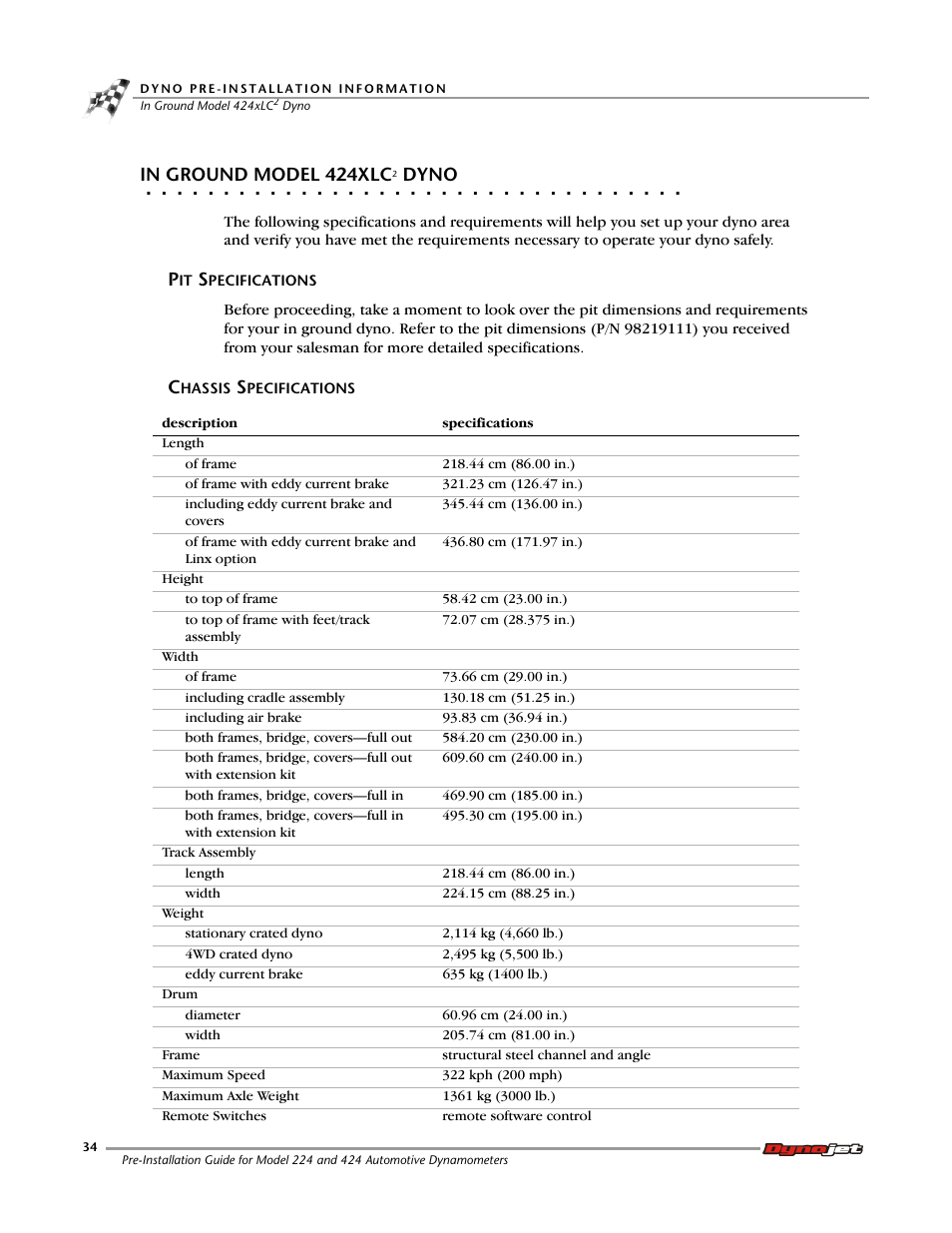 In ground model 424xlc2 dyno, Pit specifications, Chassis specifications | Dynojet 424xlc2: Pre-Installation Guide User Manual | Page 42 / 63