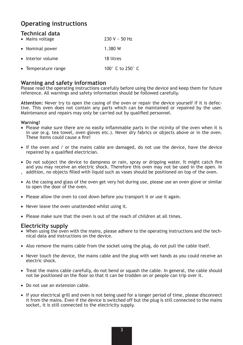 Operating instructions, Technical data, Warning and safety information | Electricity supply | Bifinett KH 1380 User Manual | Page 3 / 8