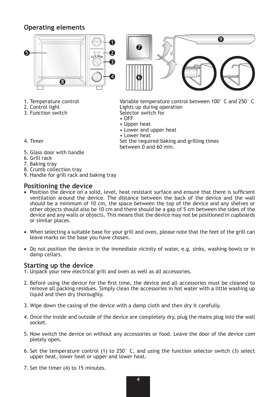 Operating elements, Positioning the device, Starting up the device | Bifinett KH 1380 User Manual | Page 4 / 8