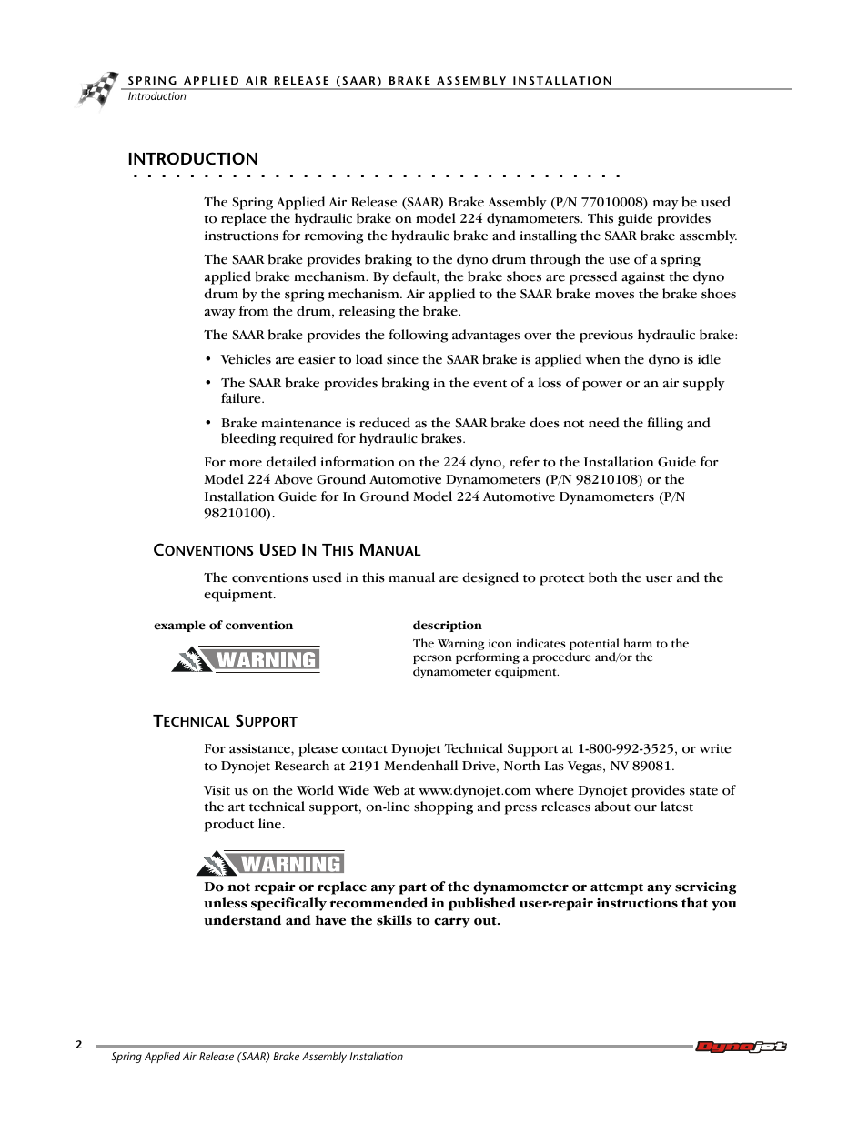 Introduction, Conventions used in this manual, Technical support | Dynojet Spring Applied Air Release (SAAR) Brake Assembly User Manual | Page 6 / 27