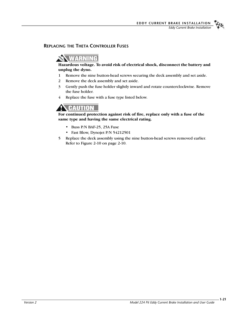 Replacing the theta controller fuses, Replacing the theta controller fuses -21 | Dynojet 224: Pit Eddy Current Brake User Manual | Page 25 / 69