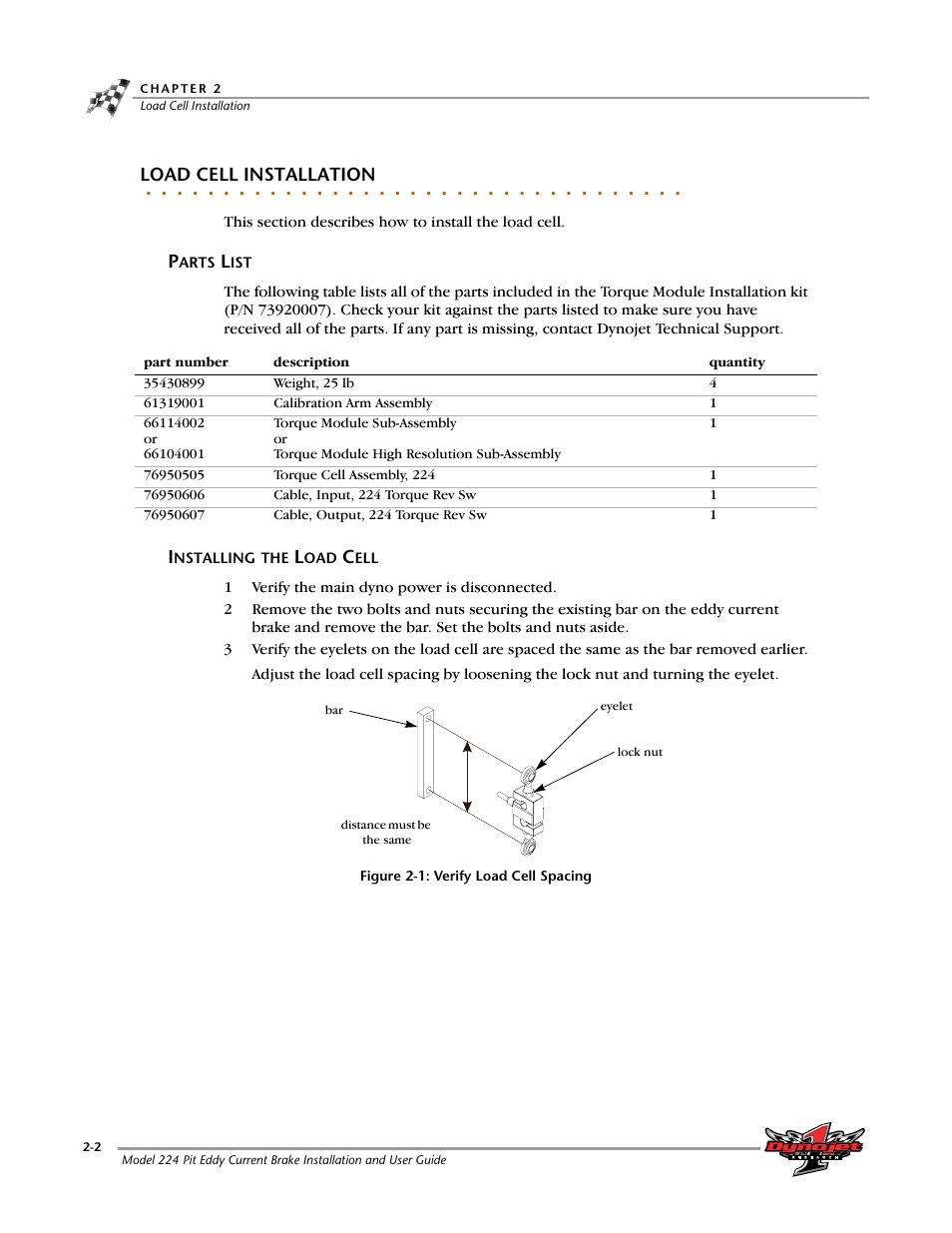 Load cell installation, Parts list, Installing the load cell | Parts list -2 installing the load cell -2 | Dynojet 224: Pit Eddy Current Brake User Manual | Page 28 / 69