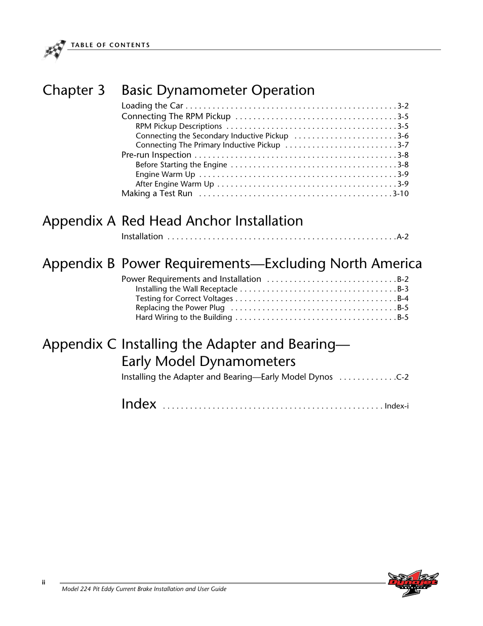 Chapter 3 basic dynamometer operation, Appendix a red head anchor installation, Index | Dynojet 224: Pit Eddy Current Brake User Manual | Page 4 / 69