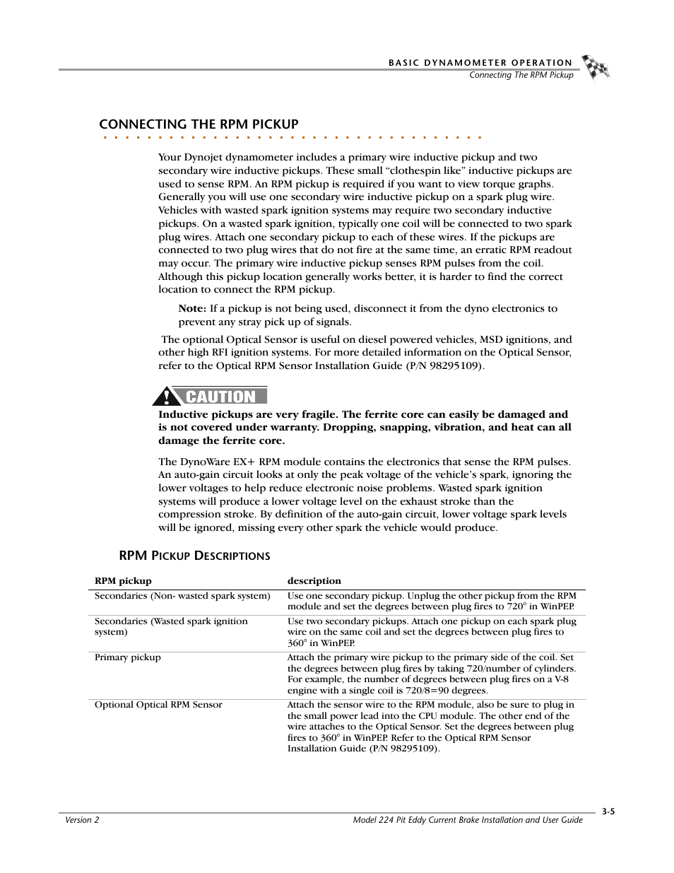 Connecting the rpm pickup, Rpm pickup descriptions, Rpm pickup descriptions -5 | Dynojet 224: Pit Eddy Current Brake User Manual | Page 47 / 69