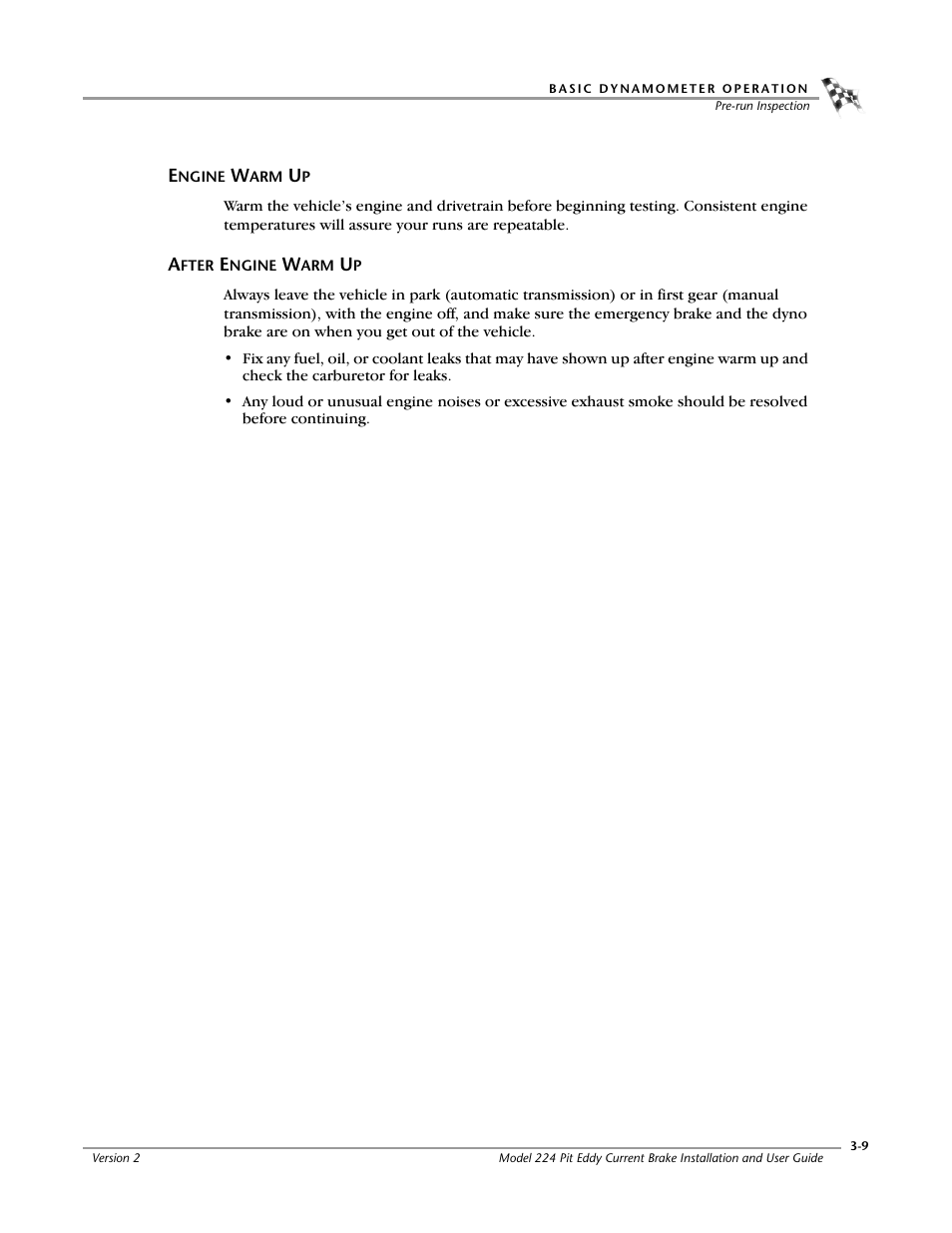 Engine warm up, After engine warm up, Engine warm up -9 after engine warm up -9 | Dynojet 224: Pit Eddy Current Brake User Manual | Page 51 / 69