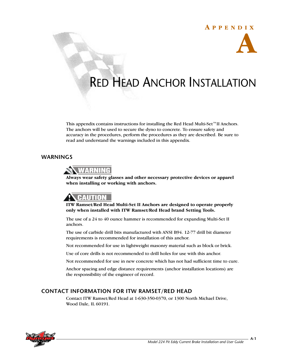 A - red head anchor installation, Warnings, Contact information for itw ramset/red head | Appendix a red head anchor installation, Nchor, Nstallation | Dynojet 224: Pit Eddy Current Brake User Manual | Page 53 / 69