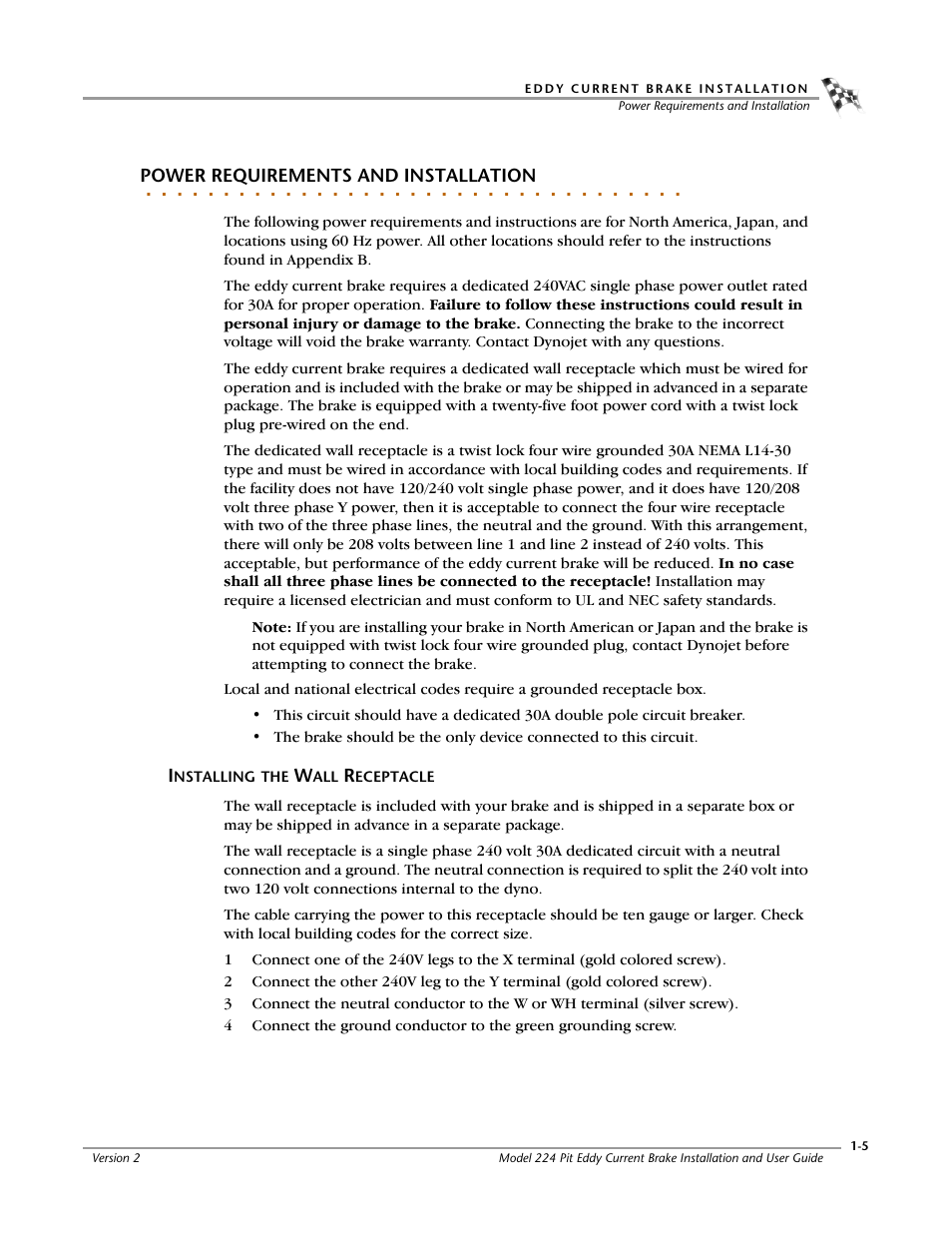 Power requirements and installation, Installing the wall receptacle, Installing the wall receptacle -5 | Dynojet 224: Pit Eddy Current Brake User Manual | Page 9 / 69