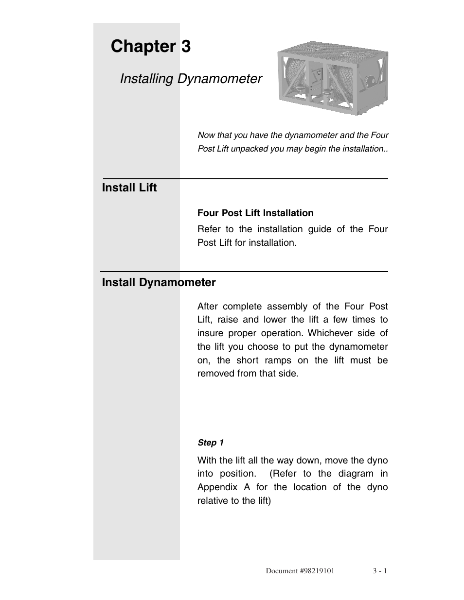 Installation, Chapter 3, Installing dynamometer | Dynojet 248x: Installation Guide User Manual | Page 19 / 58