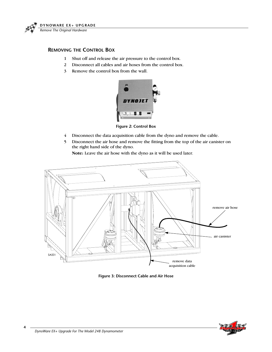 Removing the control box, Figure 2: control box, Figure 3: disconnect cable and air hose | Dynojet 248x: DynoWare EX+ Upgrade User Manual | Page 10 / 22