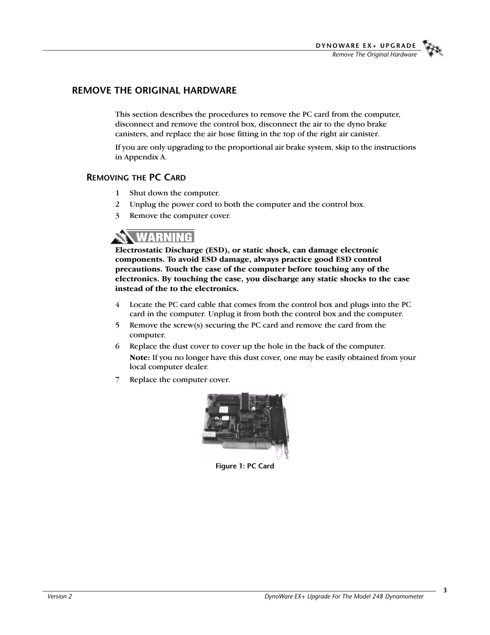 Remove the original hardware, Removing the pc card, Figure 1: pc card | Dynojet 248x: DynoWare EX+ Upgrade User Manual | Page 9 / 22