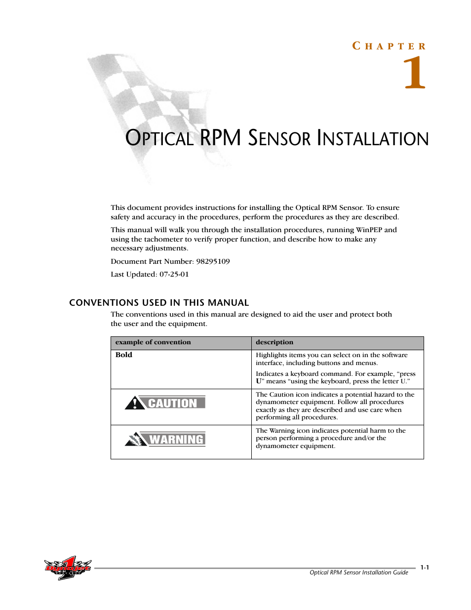 Optical rpm sensor installation, Chapter 1 optical rpm sensor installation, Conventions used in this manual | Rpm s, Ptical, Ensor, Nstallation | Dynojet Optical RPM Sensor User Manual | Page 7 / 22