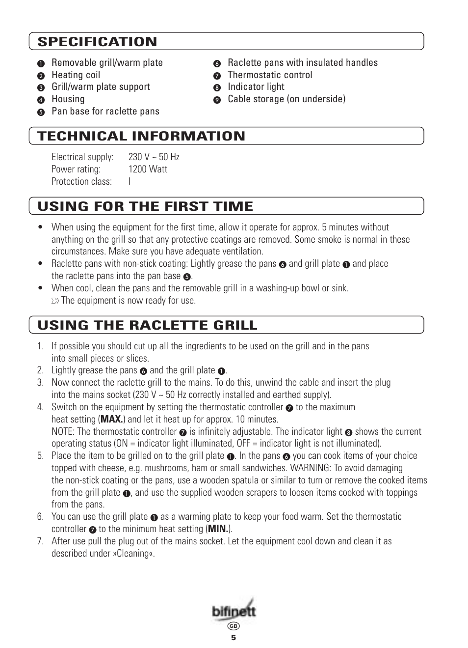 Specification, Technical information, Using for the first time | Using the raclette grill | Bifinett KH 398 User Manual | Page 5 / 8