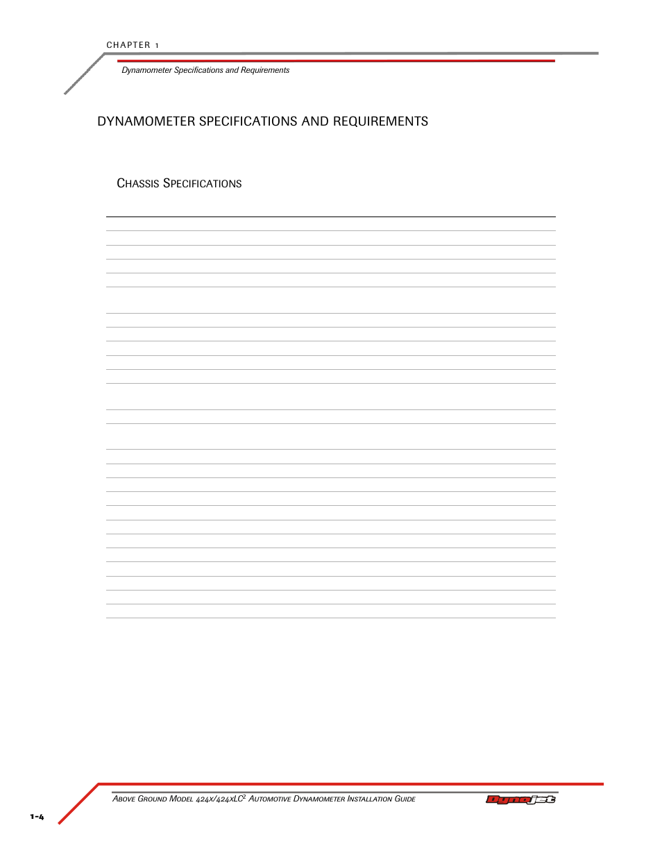 Dynamometer specifications and requirements, Chassis specifications | Dynojet 424xLC2: Installation Guide User Manual | Page 14 / 190