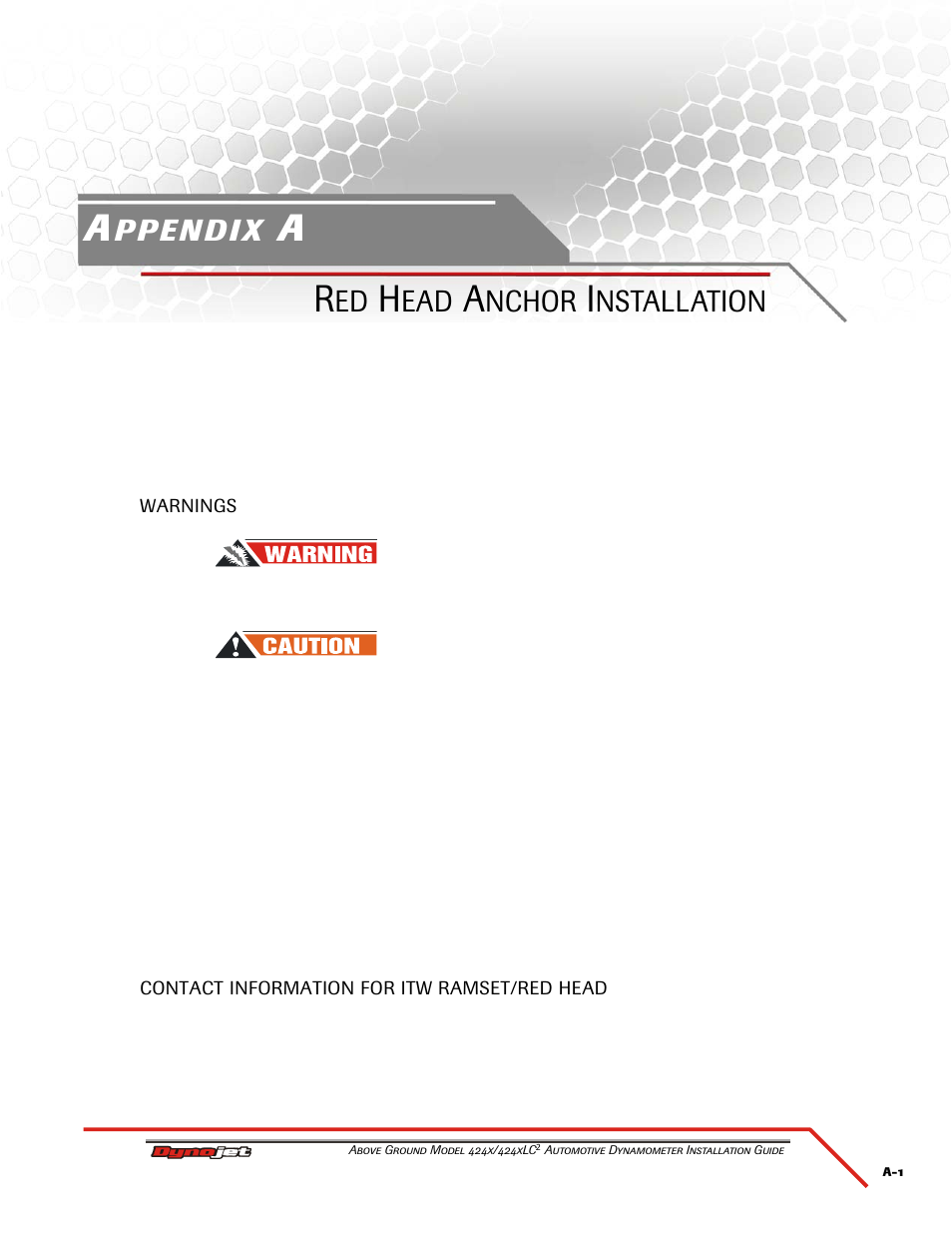 A - red head anchor installation, Warnings, Contact information for itw ramset/red head | Nchor, Nstallation | Dynojet 424xLC2: Installation Guide User Manual | Page 143 / 190