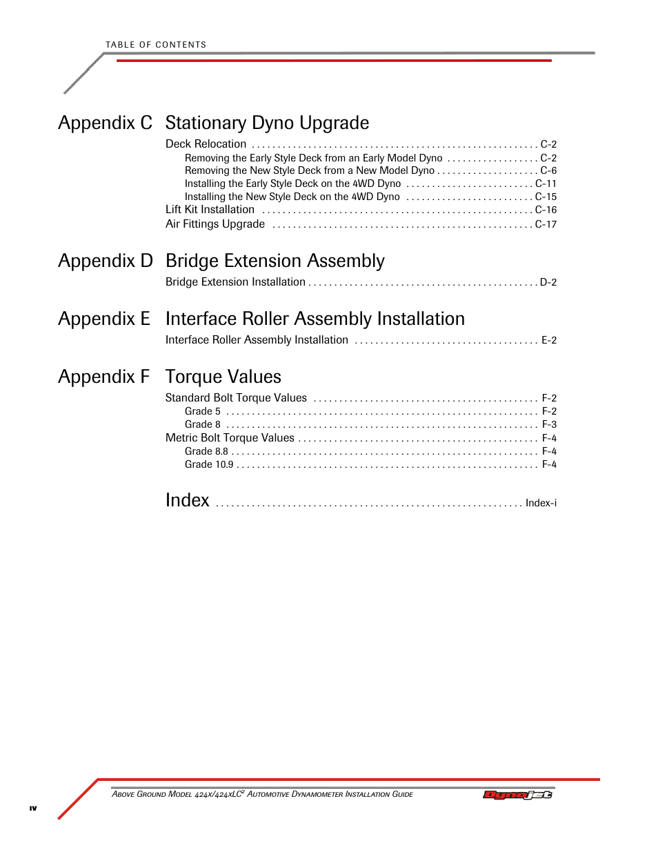 Appendix c stationary dyno upgrade, Appendix d bridge extension assembly, Appendix e interface roller assembly installation | Appendix f torque values, Index | Dynojet 424xLC2: Installation Guide User Manual | Page 6 / 190