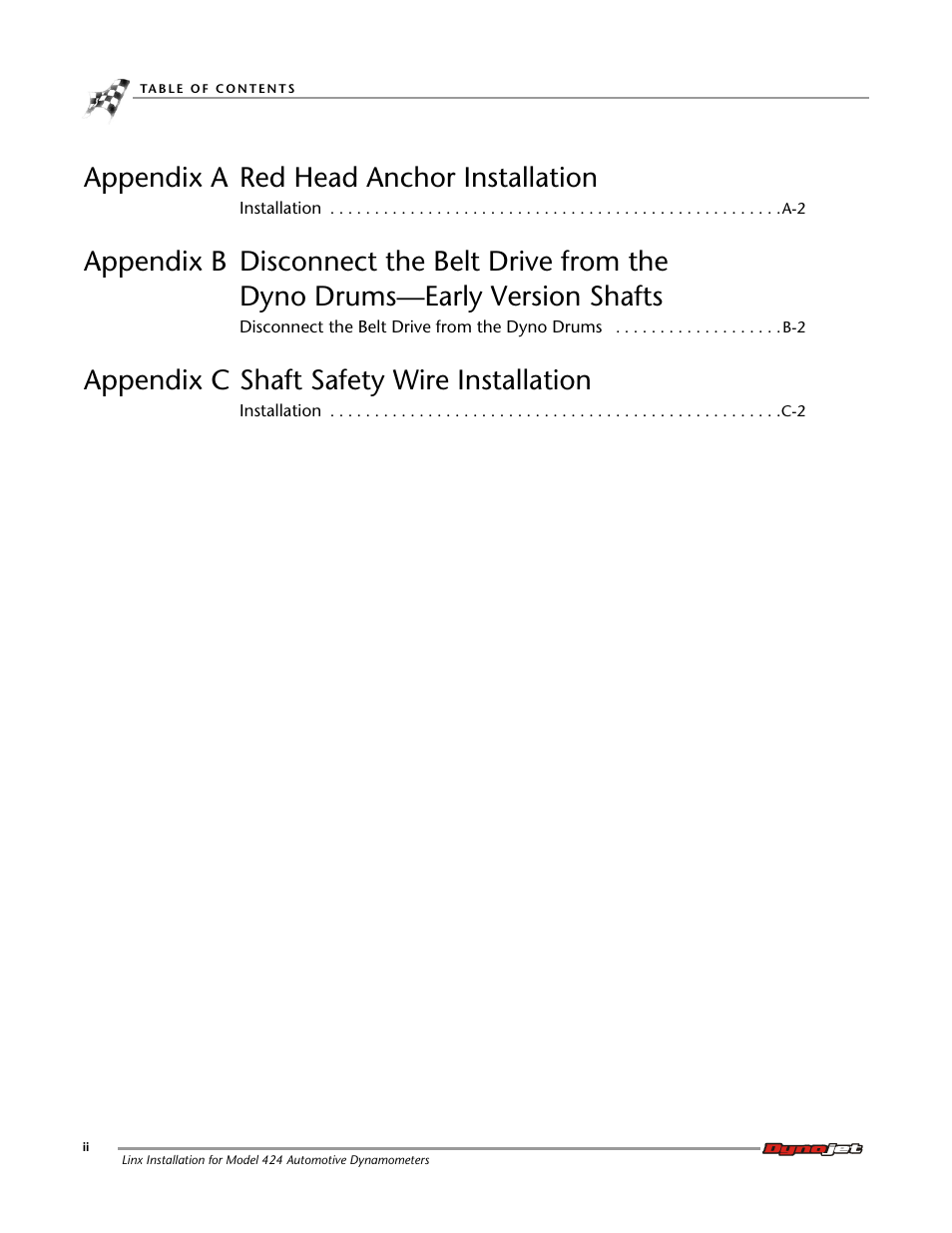 Appendix a red head anchor installation, Appendix c shaft safety wire installation | Dynojet 424 Linx: DWRT Installation Guide User Manual | Page 4 / 56