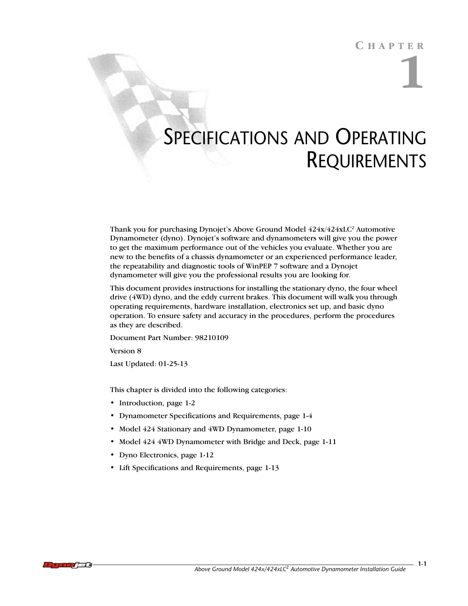 1 - specifications and operating requirements, Pecifications, Perating | Equirements | Dynojet 424x: Installation Guide User Manual | Page 11 / 188