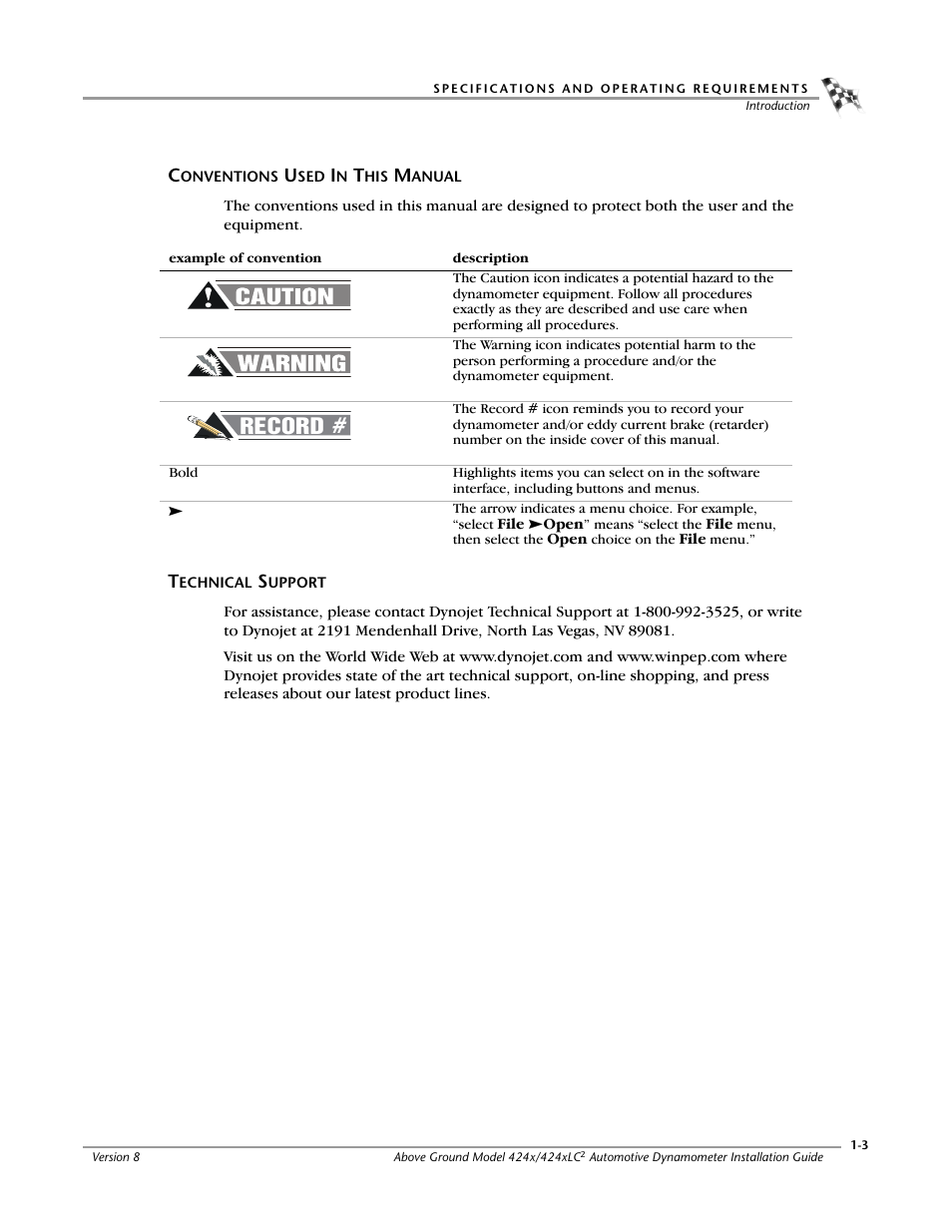 Conventions used in this manual, Technical support, Record | Dynojet 424x: Installation Guide User Manual | Page 13 / 188