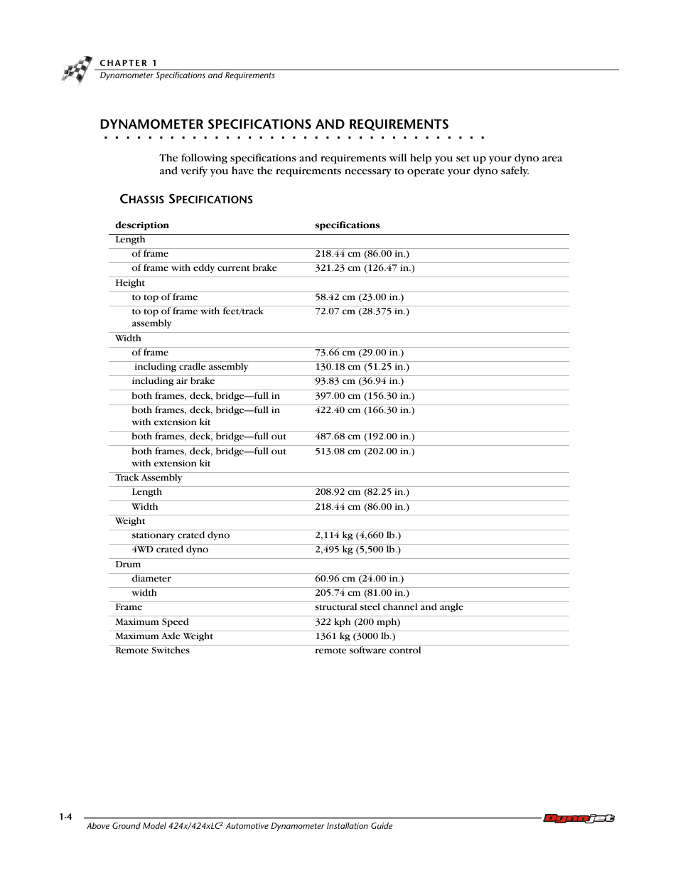 Dynamometer specifications and requirements, Chassis specifications | Dynojet 424x: Installation Guide User Manual | Page 14 / 188
