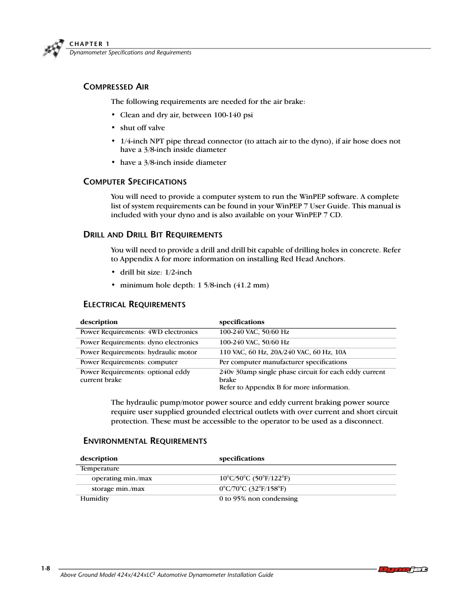 Compressed air, Computer specifications, Drill and drill bit requirements | Electrical requirements, Environmental requirements | Dynojet 424x: Installation Guide User Manual | Page 18 / 188