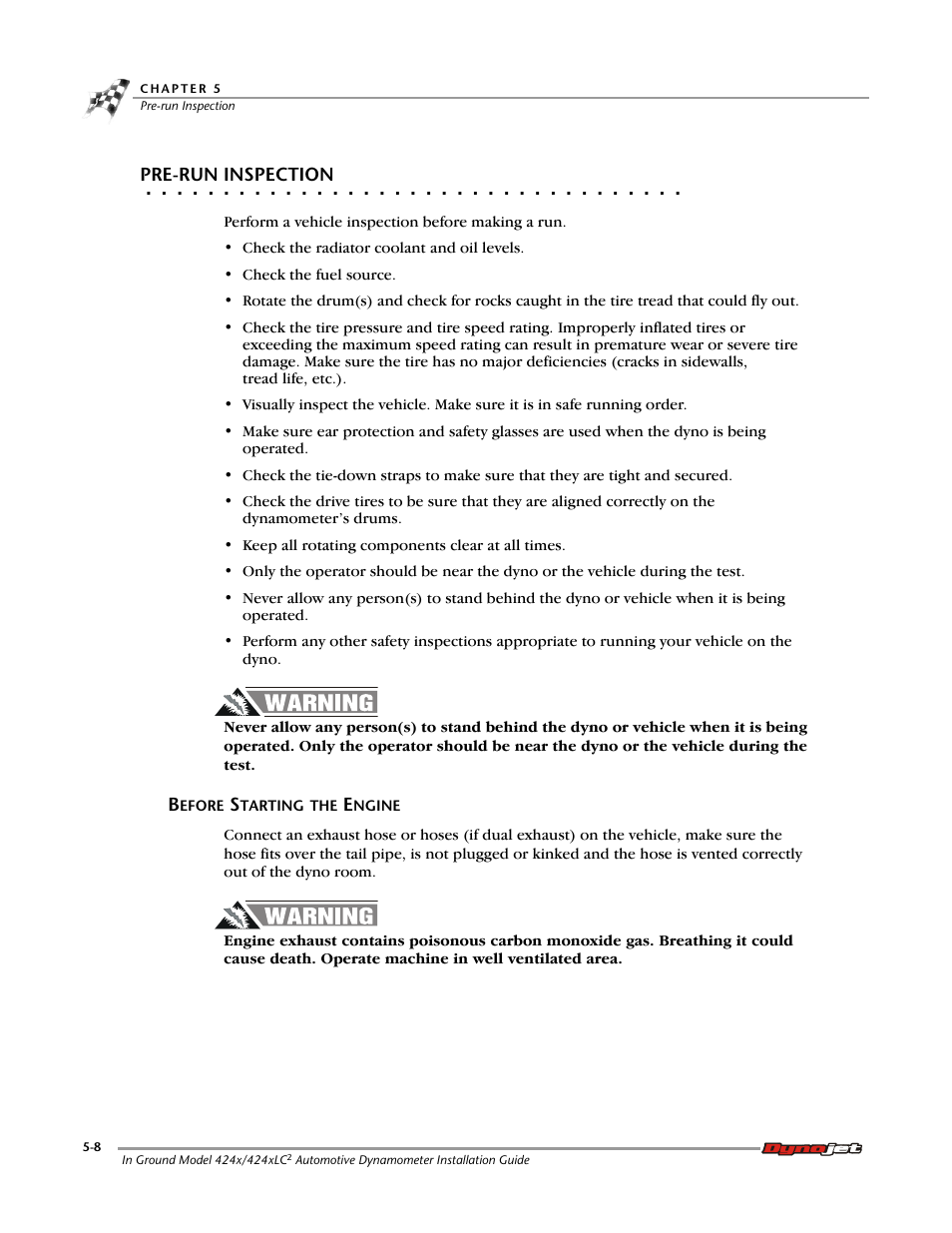 Pre-run inspection, Before starting the engine | Dynojet 424x: Installation Guide User Manual | Page 116 / 153
