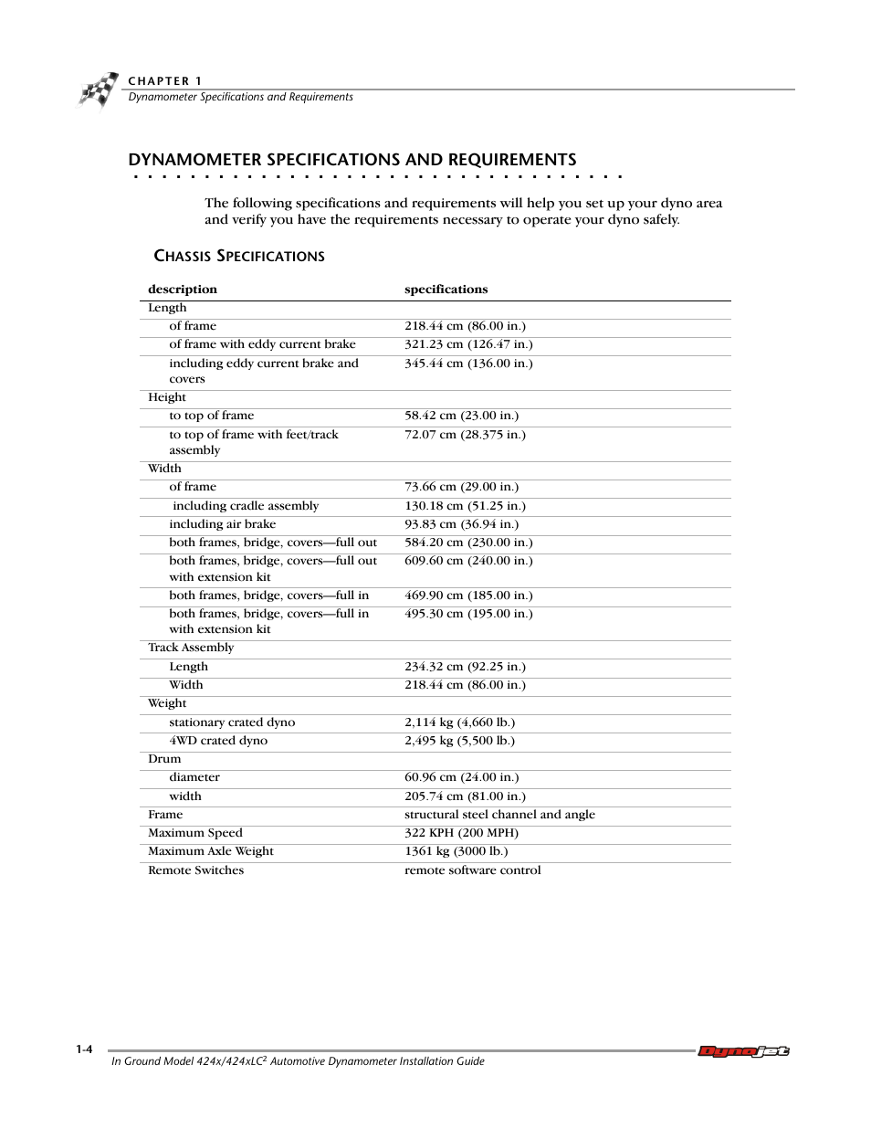 Dynamometer specifications and requirements, Chassis specifications | Dynojet 424x: Installation Guide User Manual | Page 14 / 153