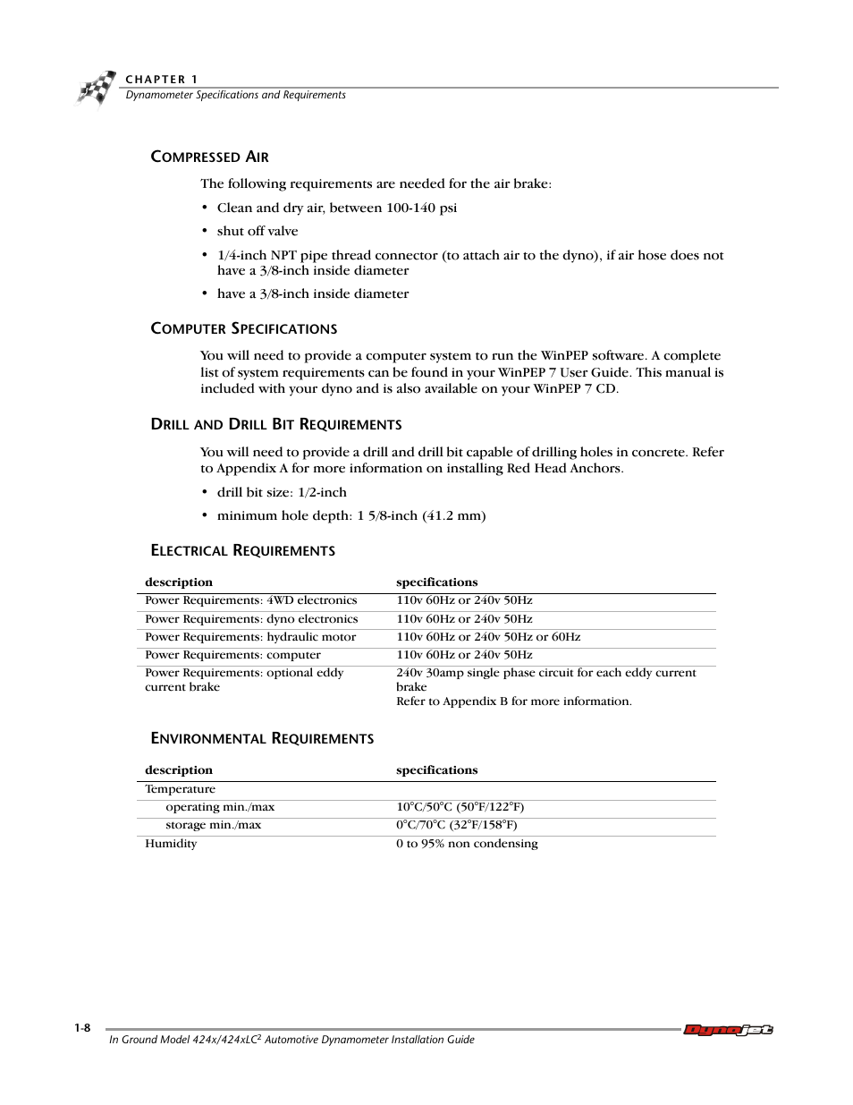 Compressed air, Computer specifications, Drill and drill bit requirements | Electrical requirements, Environmental requirements | Dynojet 424x: Installation Guide User Manual | Page 18 / 153