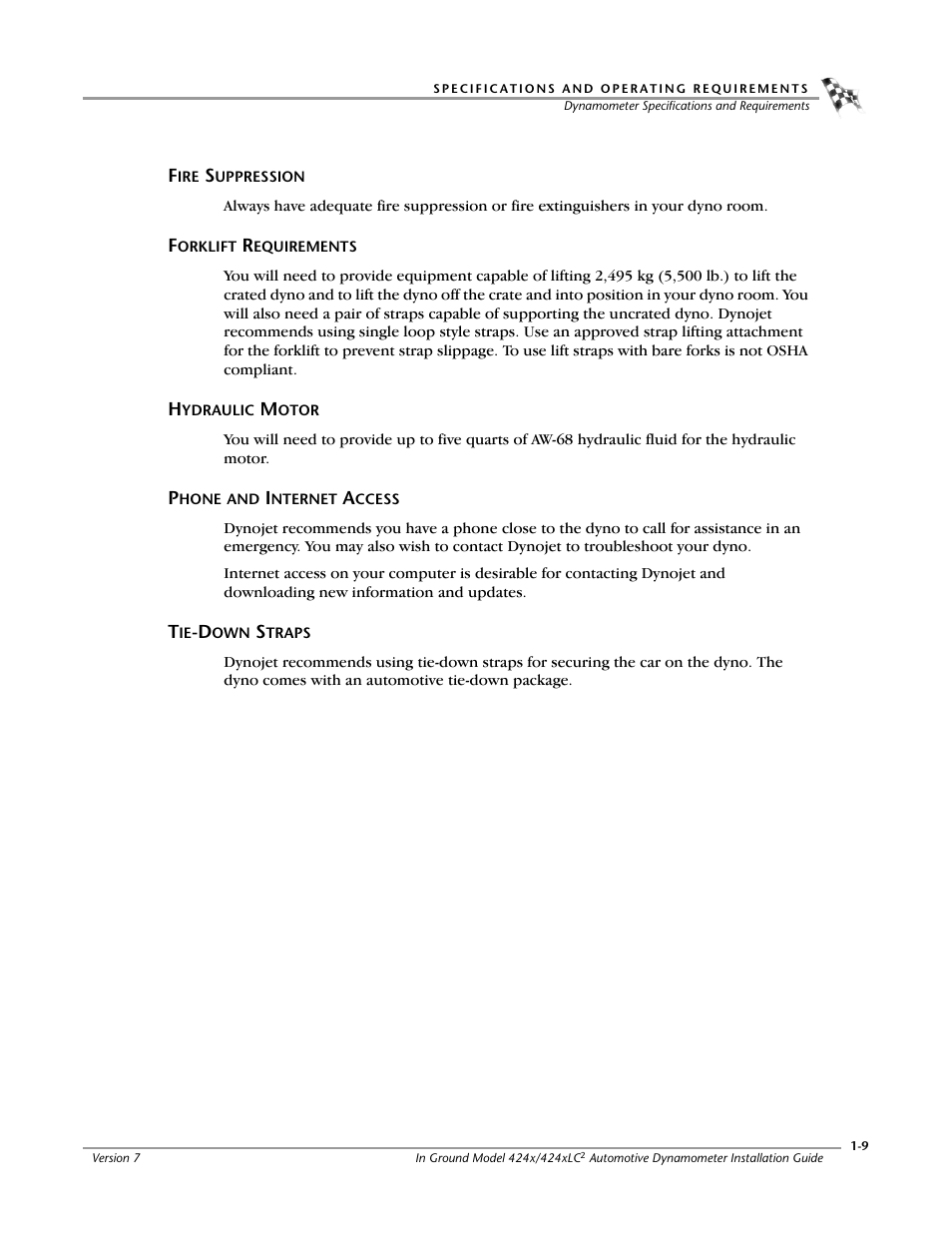 Fire suppression, Forklift requirements, Hydraulic motor | Phone and internet access, Tie-down straps | Dynojet 424x: Installation Guide User Manual | Page 19 / 153