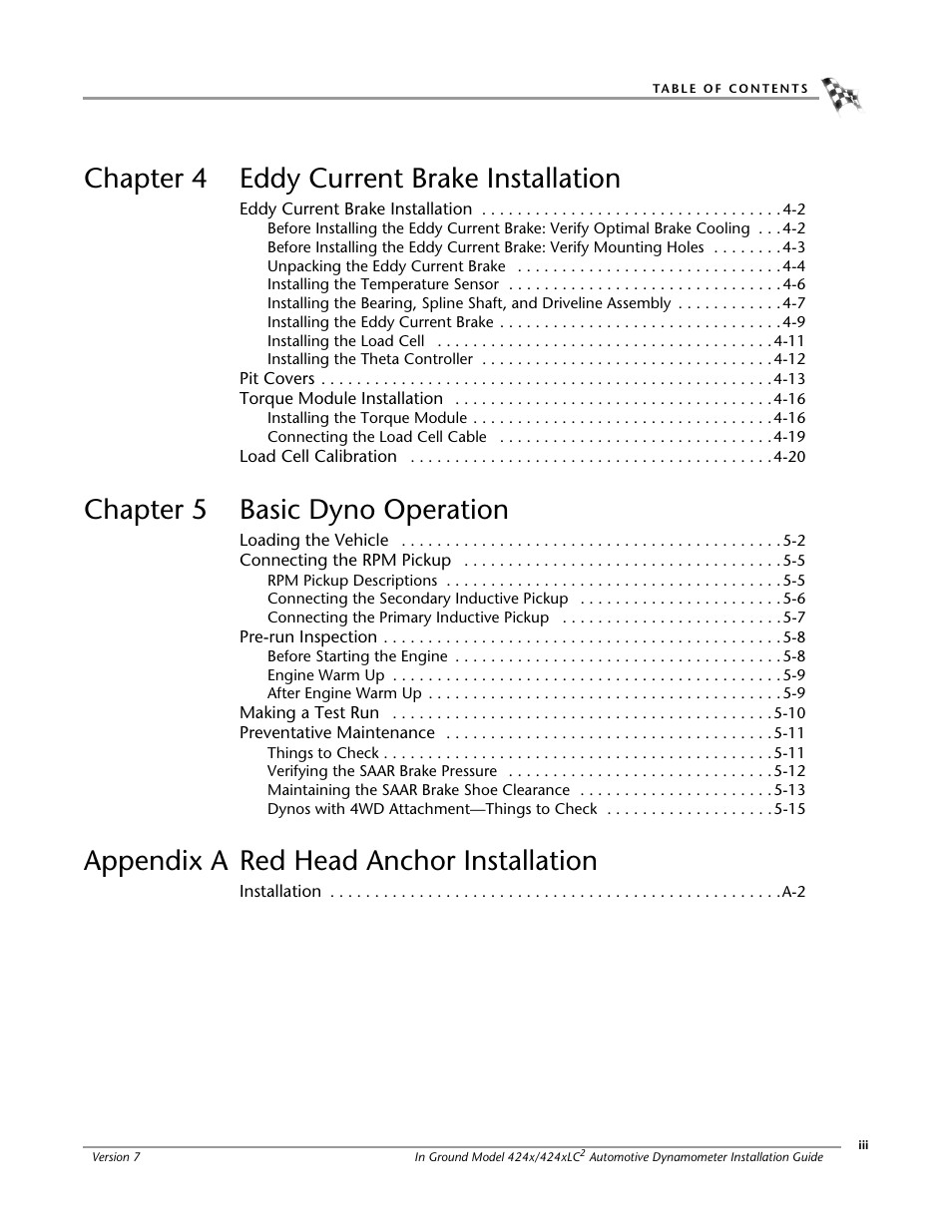 Chapter 4 eddy current brake installation, Chapter 5 basic dyno operation, Appendix a red head anchor installation | Dynojet 424x: Installation Guide User Manual | Page 5 / 153
