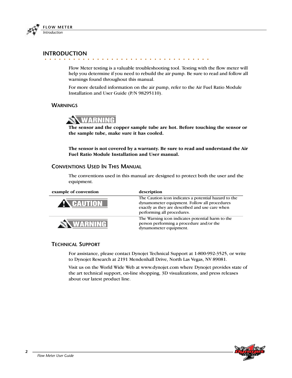 Introduction, Warnings, Conventions used in this manual | Technical support | Dynojet Flow Meter User Manual | Page 6 / 22