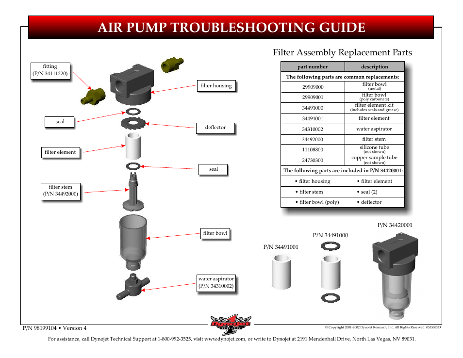 Air pump troubleshooting guide, Filter assembly replacement parts | Dynojet Air Pump Troubleshooting Guide User Manual | Page 2 / 2