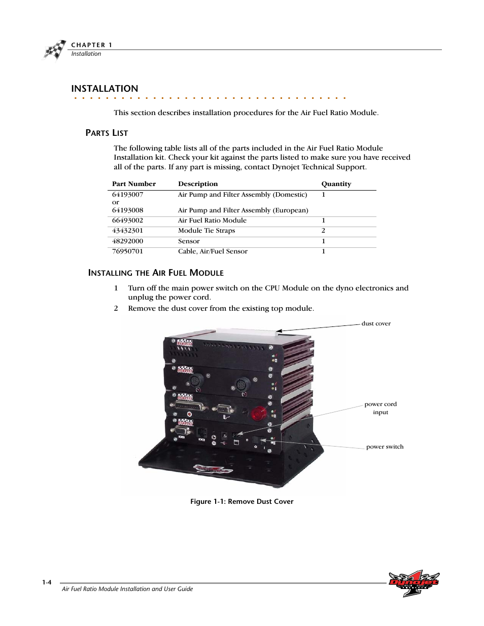 Installation, Parts list, Installing the air fuel module | Parts list -4 installing the air fuel module -4 | Dynojet Air Fuel Ratio Module User Manual | Page 8 / 36