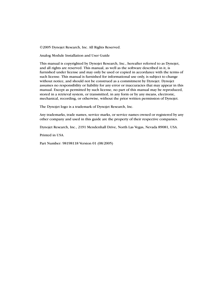 Copyright | Dynojet Analog Module User Manual | Page 2 / 21