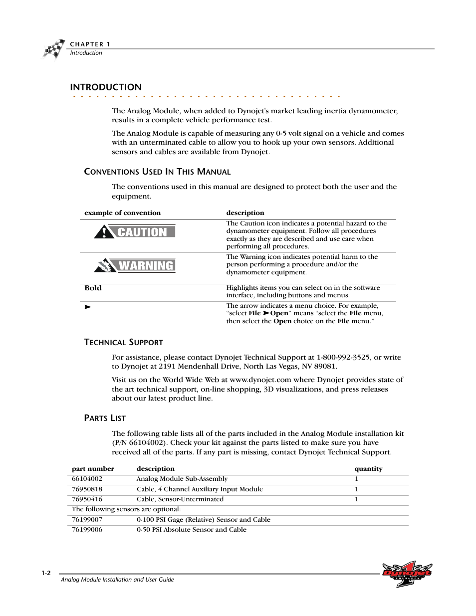 Introduction, Conventions used in this manual, Technical support | Parts list | Dynojet Analog Module User Manual | Page 6 / 21