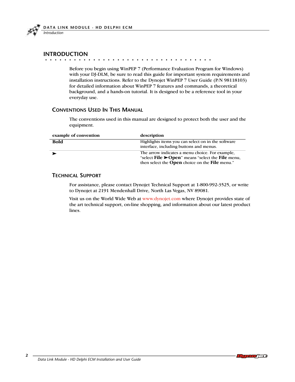 Introduction, Conventions used in this manual, Technical support | Conventions used in this manual technical support | Dynojet Data Link Module - HD Delphi ECM User Manual | Page 6 / 18