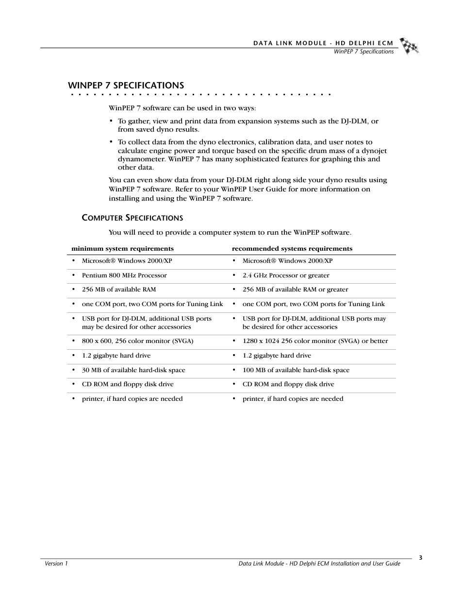 Winpep 7 specifications, Computer specifications | Dynojet Data Link Module - HD Delphi ECM User Manual | Page 7 / 18