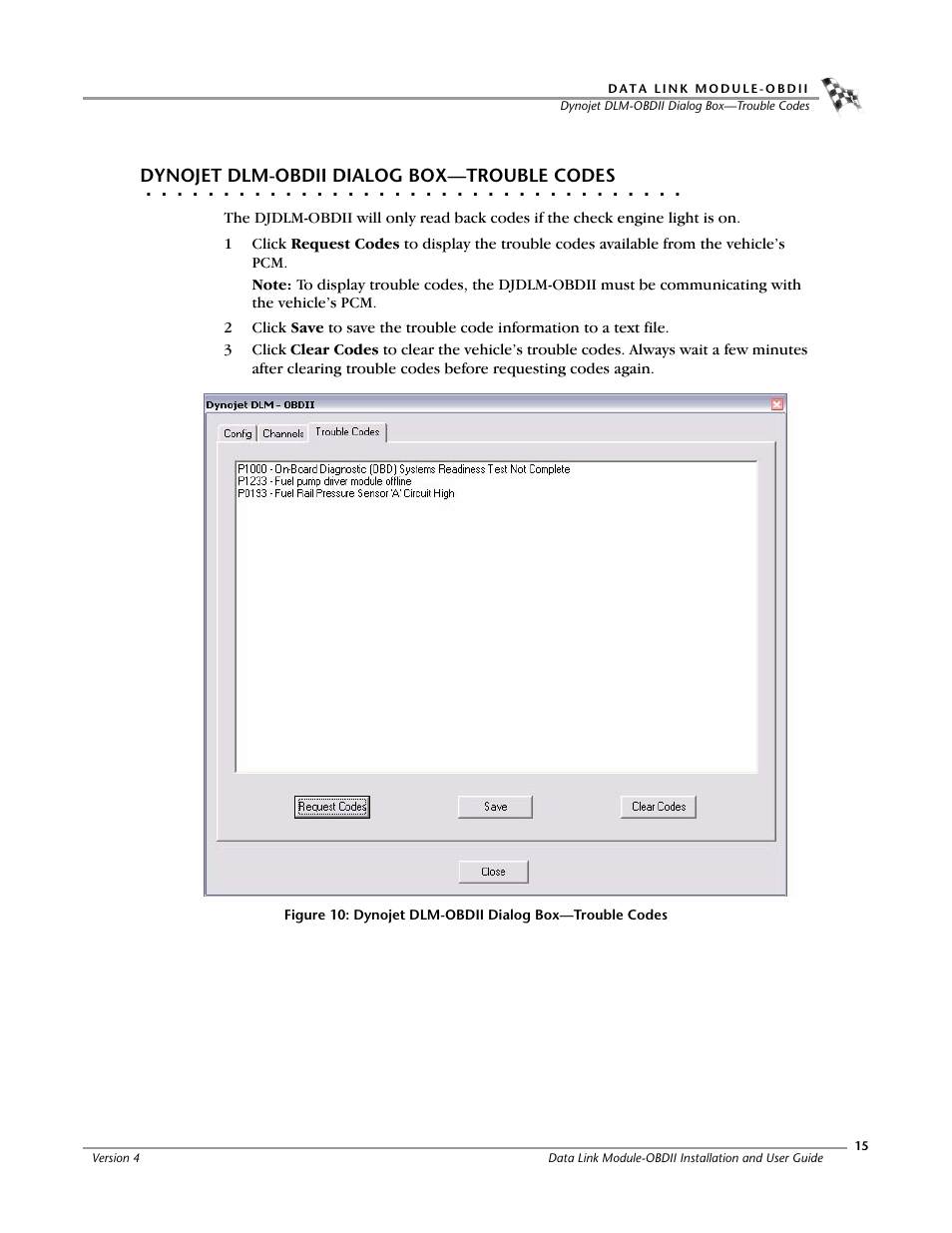 Djdlm-obdii dialog box-trouble codes | Dynojet Data Link Module - OBDII User Manual | Page 19 / 33