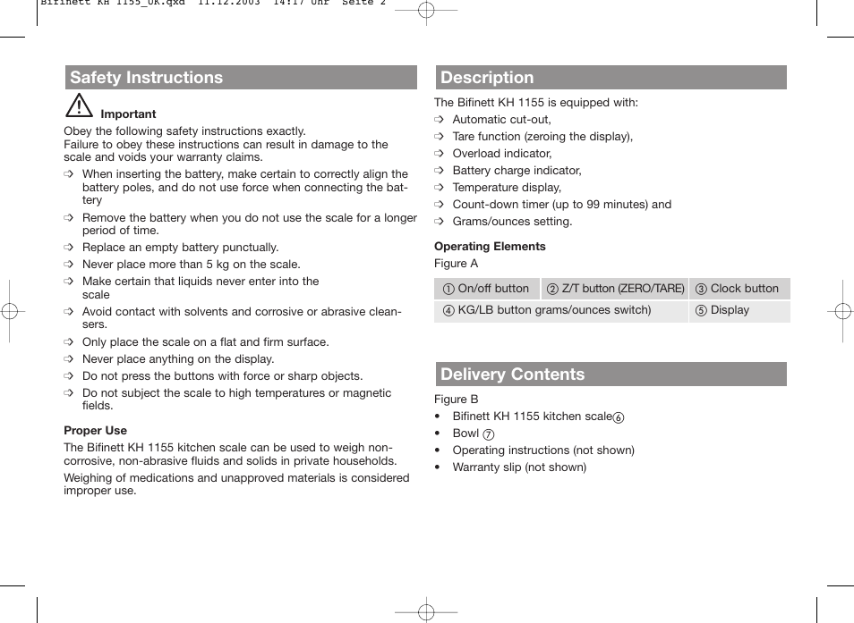 Delivery contents description, Safety instructions | Bifinett KH 1155 User Manual | Page 2 / 7