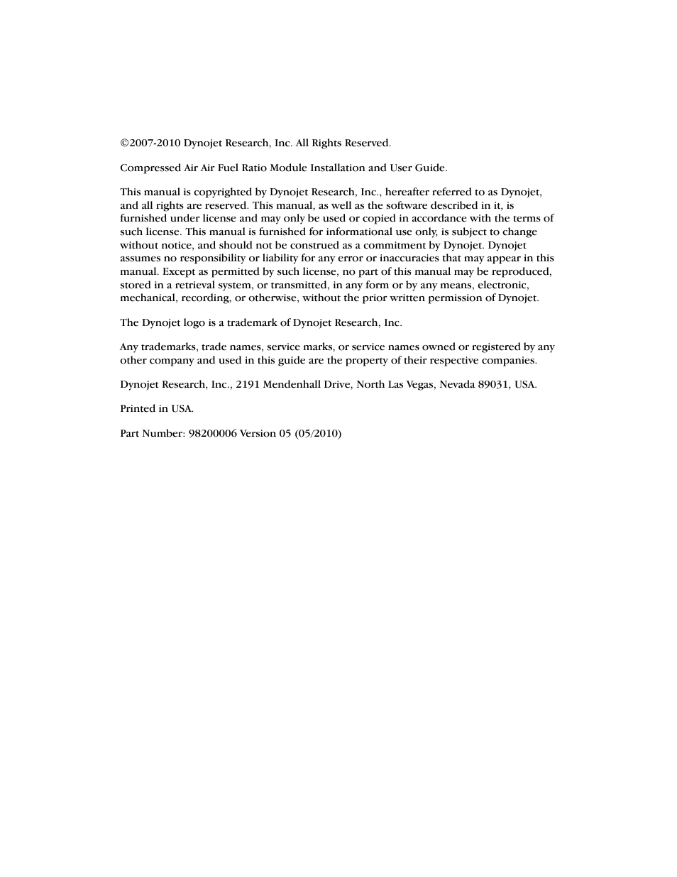 Copyright | Dynojet Compressed Air Air/Fuel Ratio Module User Manual | Page 2 / 33