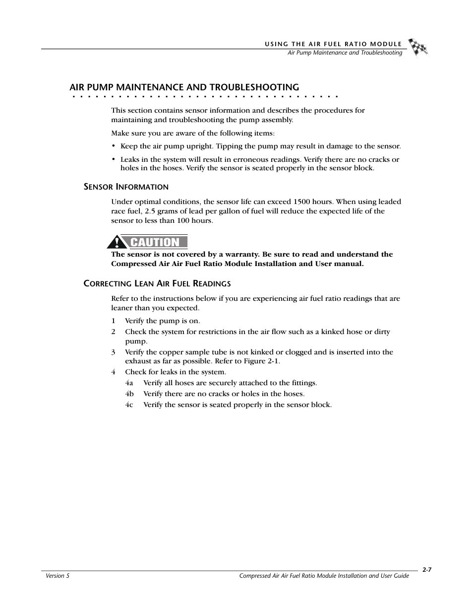Air pump maintenance and troubleshooting, Sensor information, Correcting lean air fuel readings | Dynojet Compressed Air Air/Fuel Ratio Module User Manual | Page 23 / 33