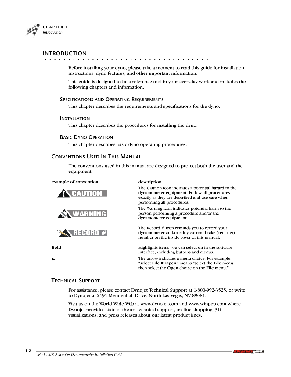 Introduction, Conventions used in this manual, Technical support | Record | Dynojet Scooter Dyno SD-12 Manual User Manual | Page 10 / 44