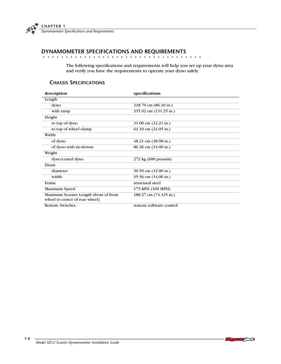Dynamometer specifications and requirements, Chassis specifications | Dynojet Scooter Dyno SD-12 Manual User Manual | Page 12 / 44