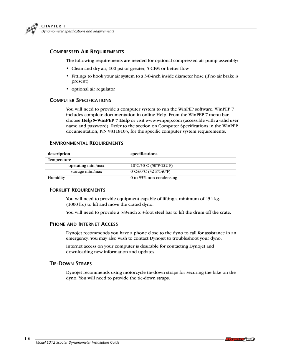 Compressed air requirements, Computer specifications, Environmental requirements | Forklift requirements, Phone and internet access, Tie-down straps | Dynojet Scooter Dyno SD-12 Manual User Manual | Page 14 / 44