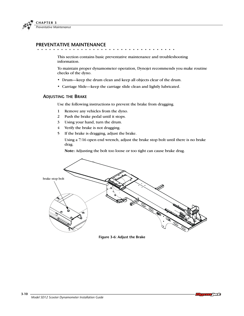 Preventative maintenance, Adjusting the brake | Dynojet Scooter Dyno SD-12 Manual User Manual | Page 40 / 44